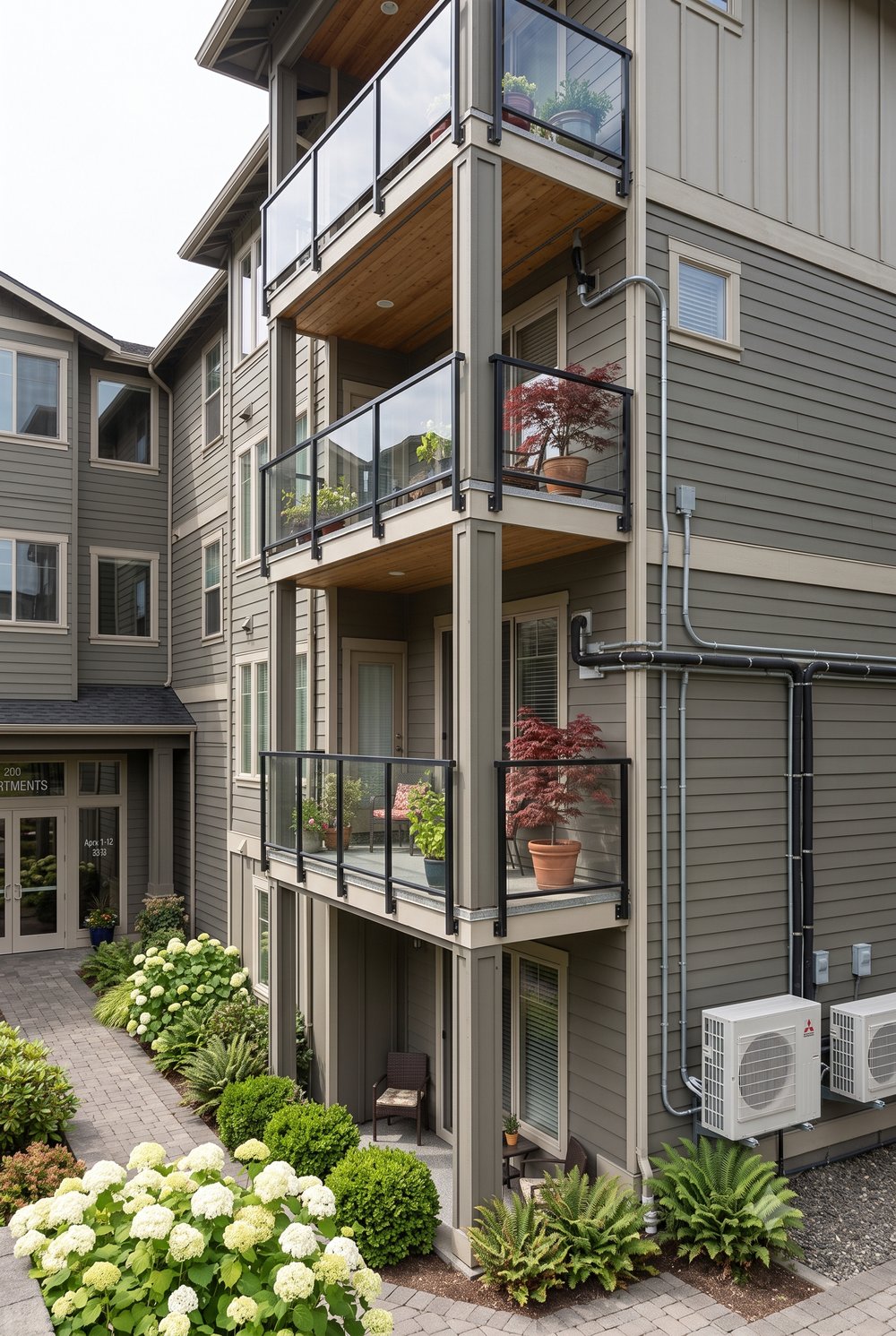 Residential balconies with wall-mounted Mitsubishi heat pump condenser units